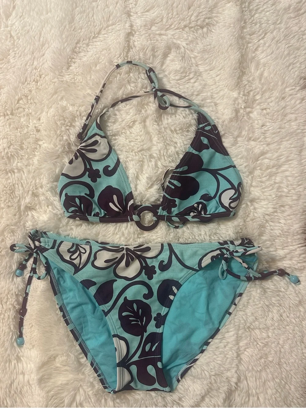 Malibu Dream Girl Tropical Bikini Set M Top L Bottom Aqua Blue Purple Boho - Picture 2 of 13